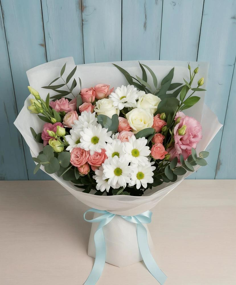 Букет цветов из: Розы, Лизиантусы и Хризантемы в Поддорье