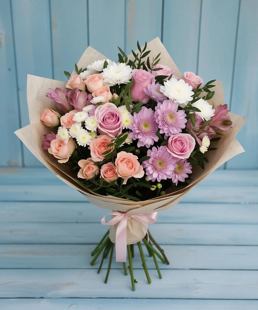 Букет цветов из: Хризантемы, Розы и Альстромерии в Поддорье