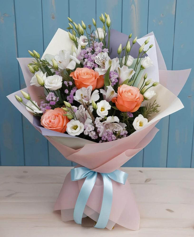 Букет цветов из: Лизиантусы, Розы, Альстромерии и Гипсофила в Поддорье