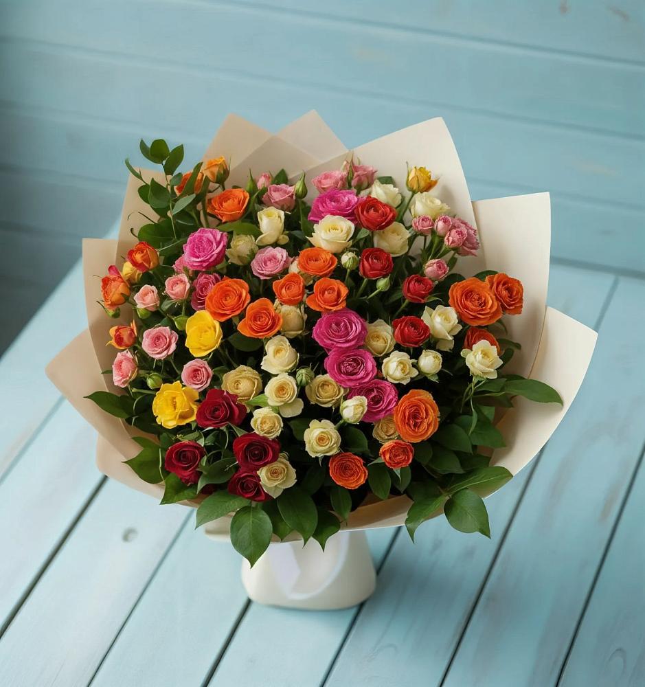 Букет Микс из разноцветных кустовых роз в Поддорье
