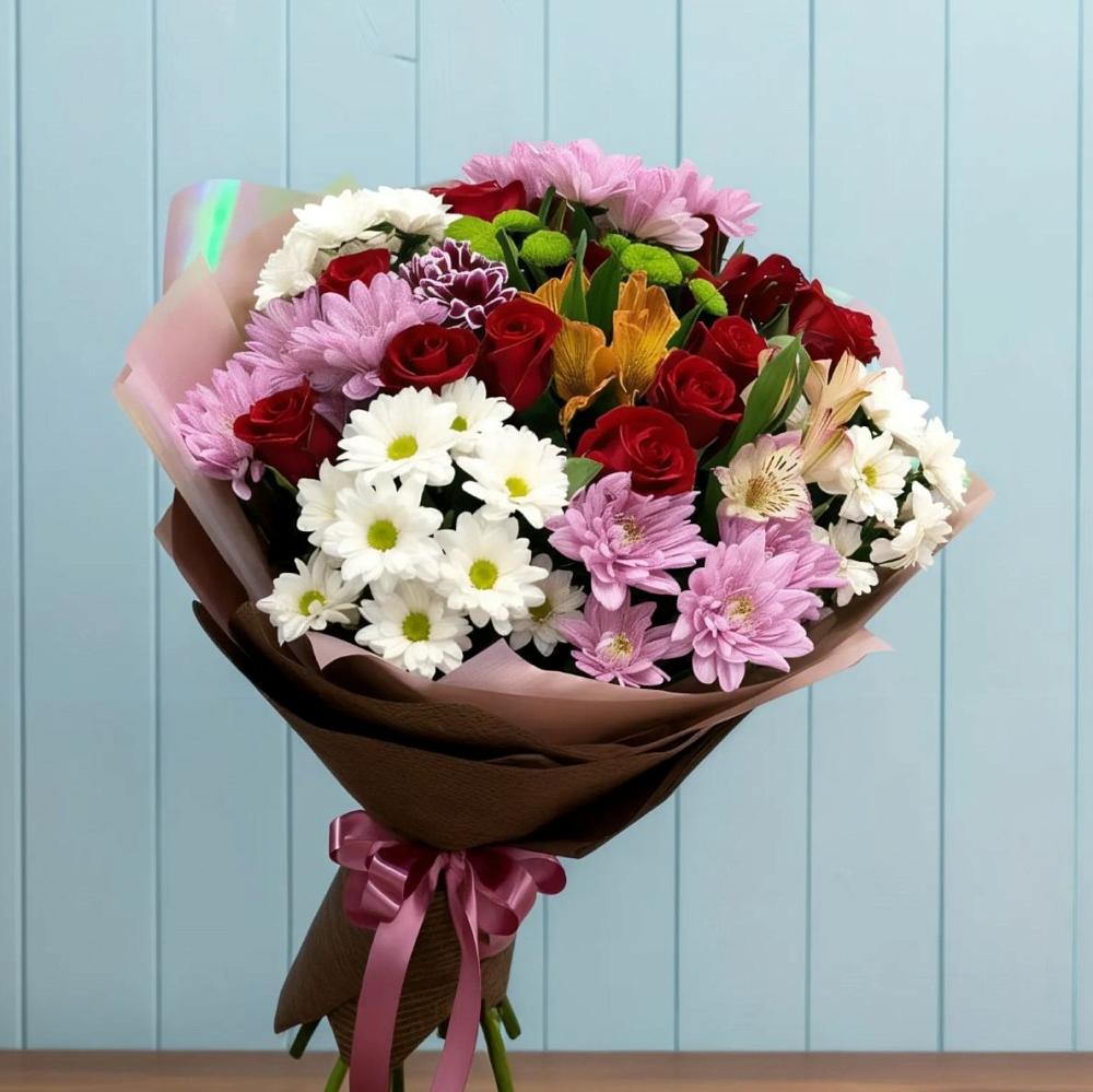 Букет цветов из: Розы, Хризантемы и Альстромерии в Поддорье