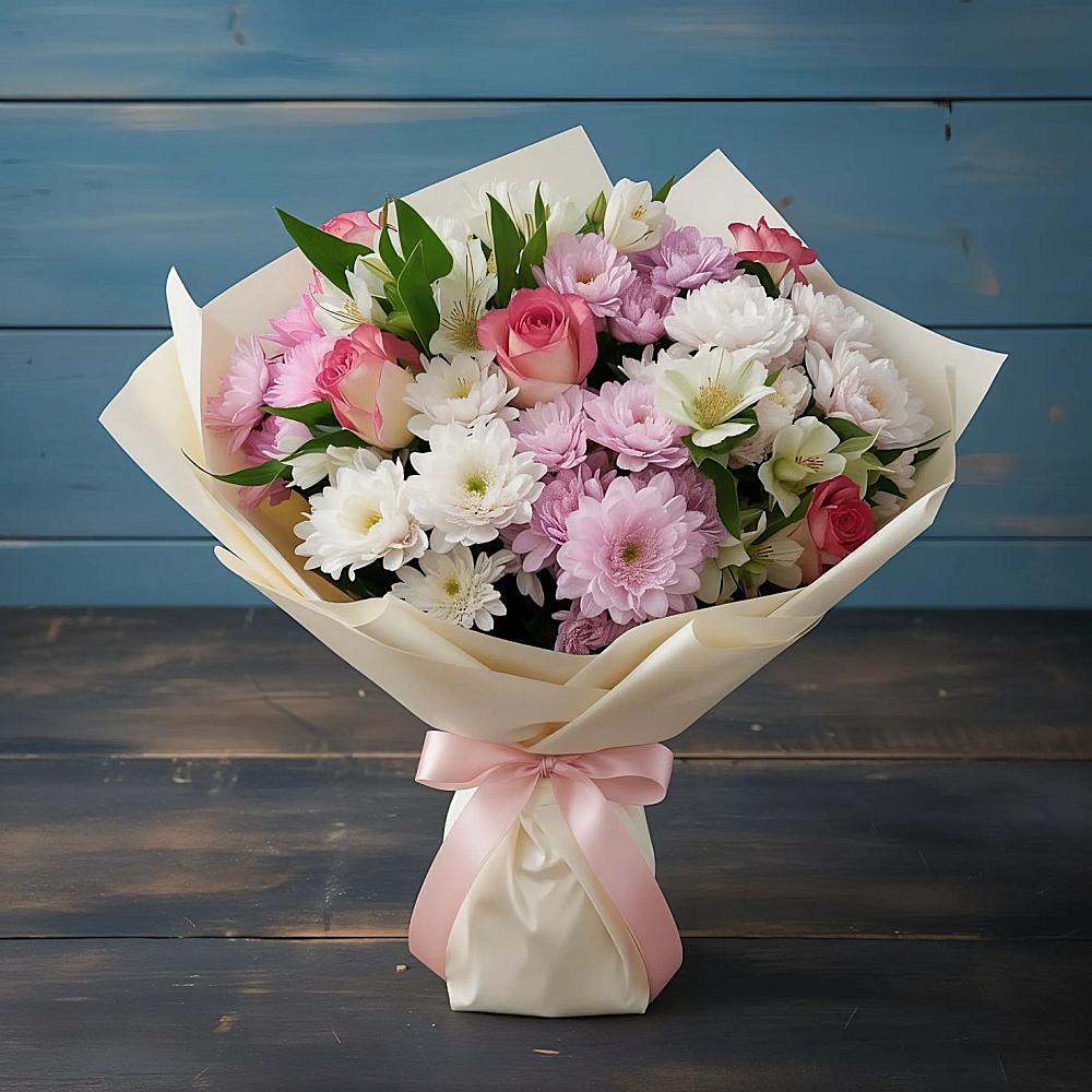 Букет цветов из: Хризантемы, Альстромерии и Розы в Поддорье